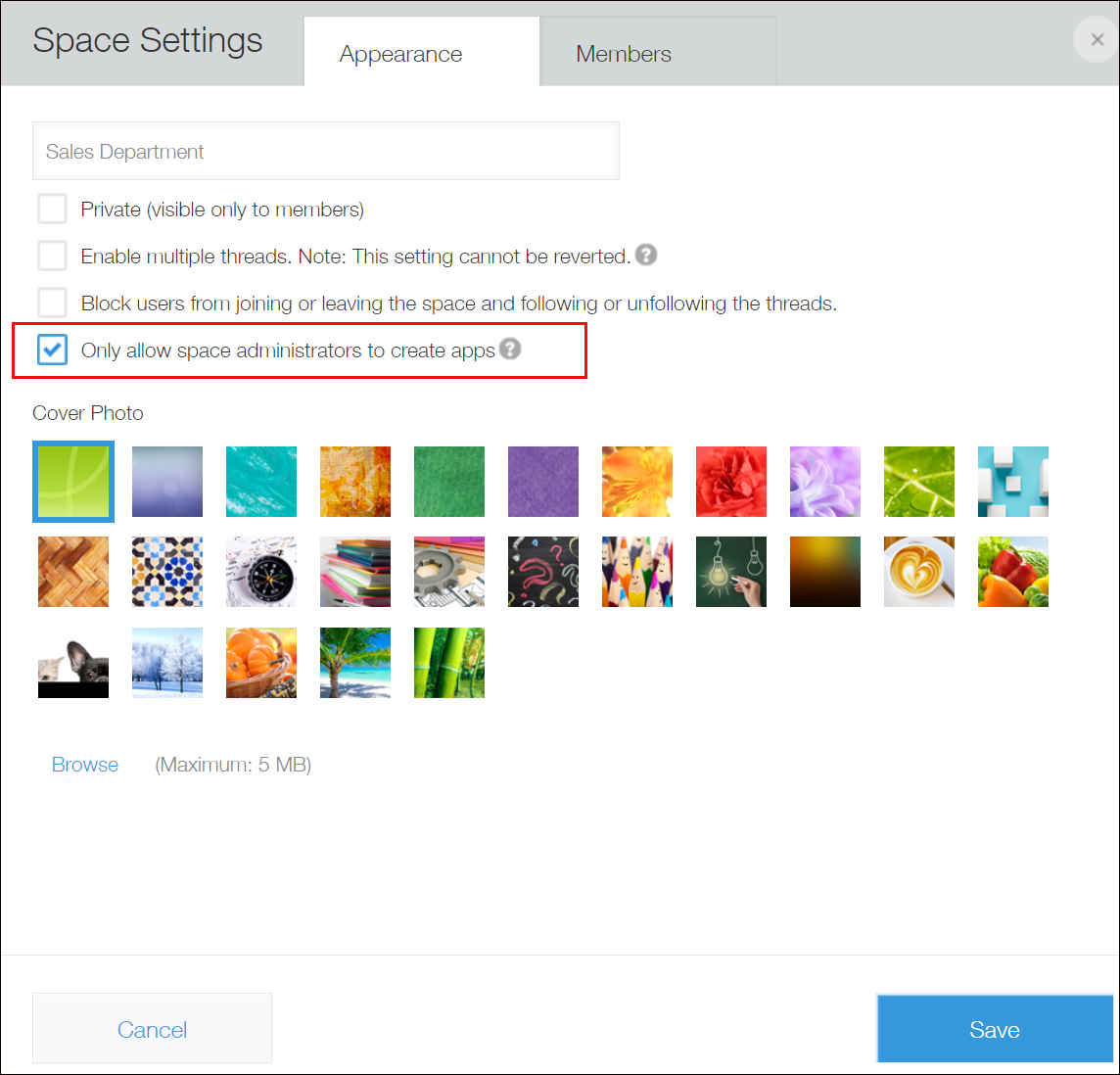 Screenshot: "Only allow space administrators to create apps" is outlined in red on the "Space Settings" screen