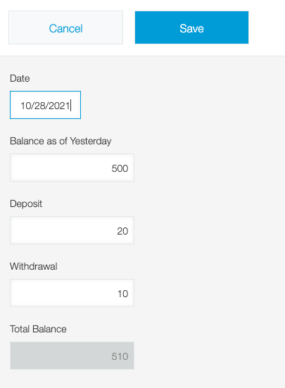 Screen showing the "Total Balance" is calculated automatically