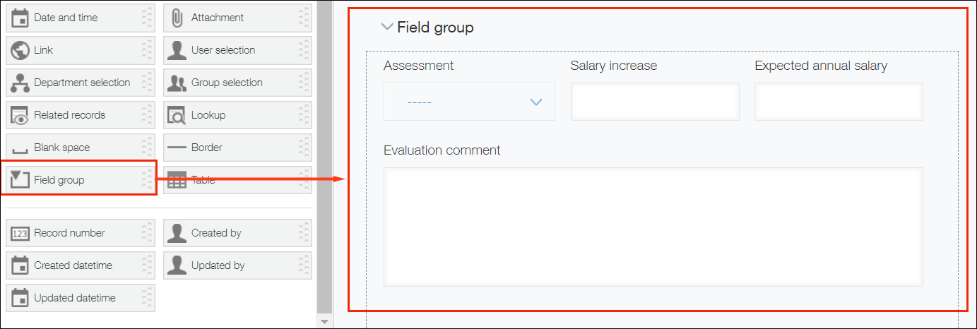 Screenshot: The "Field group" field is being added on the Form settings screen