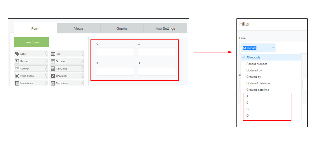 Image: The relationship between the position of the fields on the app form and their order in the field drop-down list