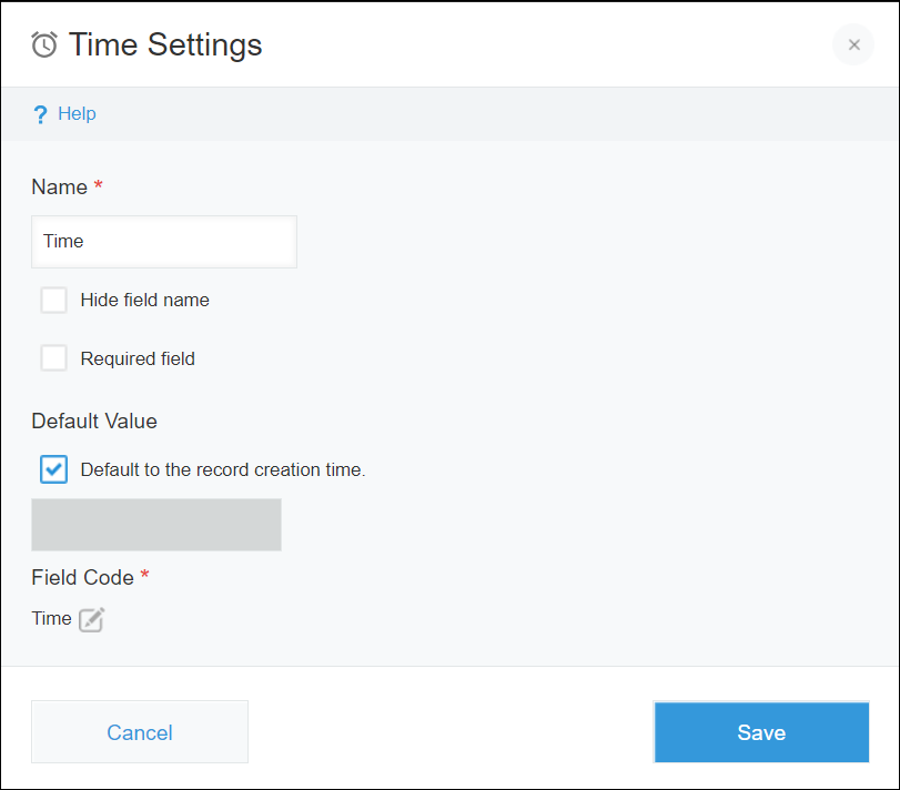 Setting screen for the time field