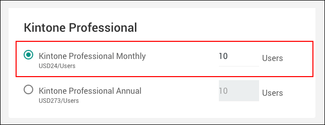 Screenshot: "Kintone Professional Monthly" is highlighted