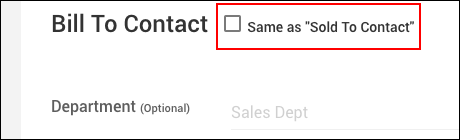 Screenshot: "Same as "Sold To Contact"" checkbox is cleared and the section to enter "Bill To Contact" is displayed